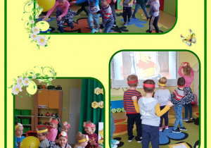 W żółtej ramce trzy zdjęcia . Dzieci świętują Dzień Kubusia Puchatka.